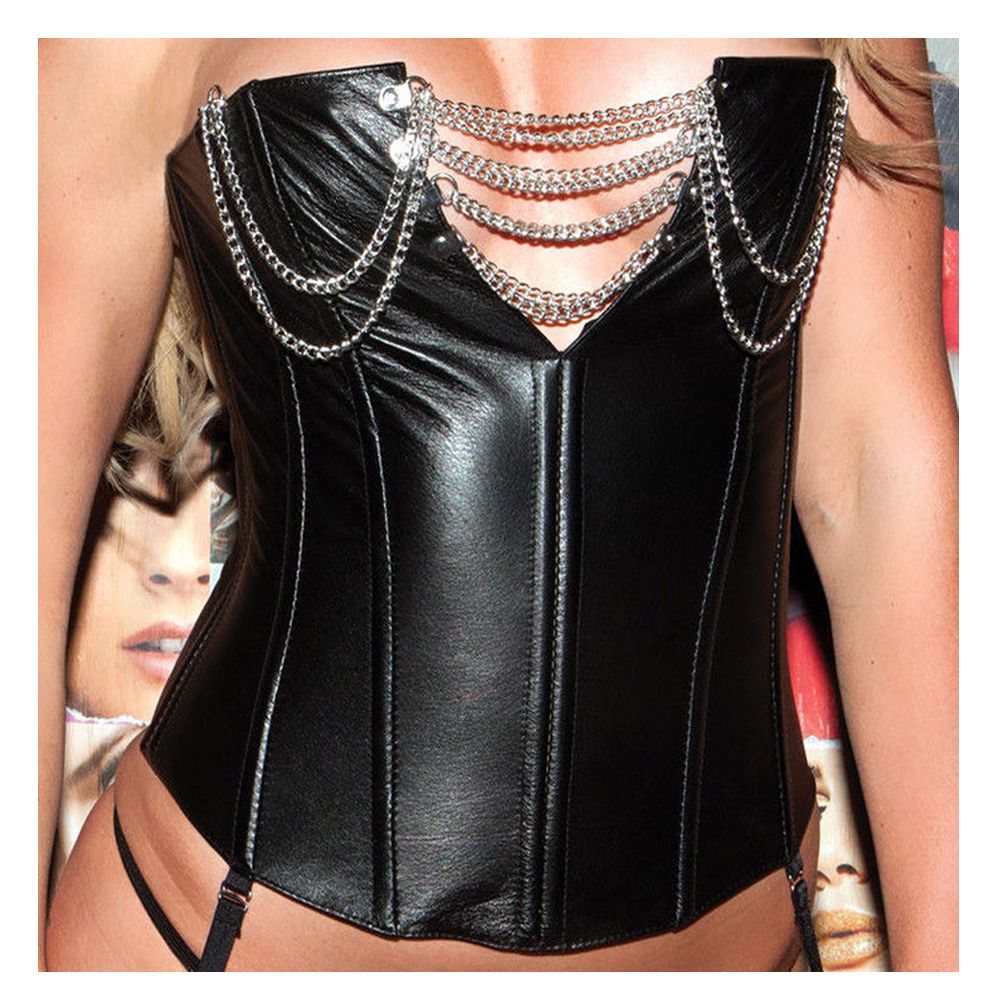 Women’s Overbust Gothic Corset | Boned Faux Leather Corset with Chains & Deep Zip
