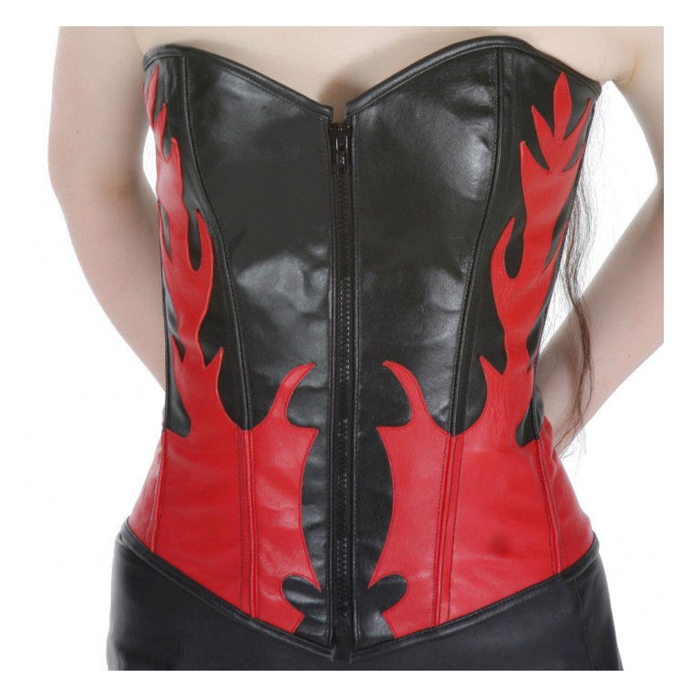 Women’s Gothic Flame Leather Overbust Corset | Red Flame Steel-Boned Corset