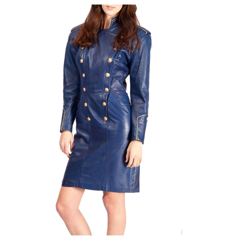 Women’s Blue Leather Military Style Gothic Coat