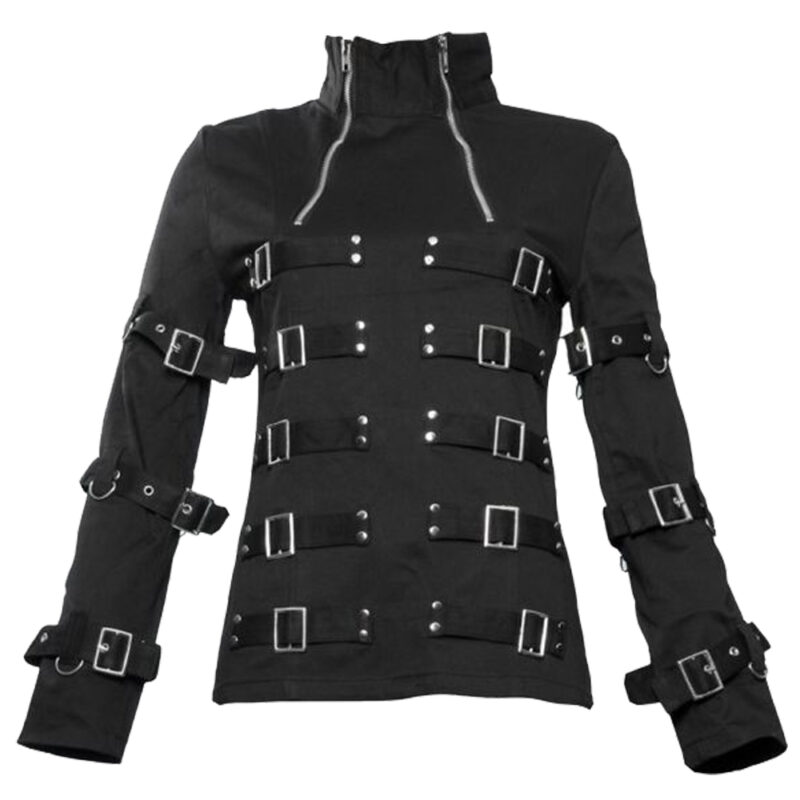 Women’s Gothic Steampunk Jacket, Buckles and Eyelets, Hip Length Bondage Gothic Jacket (2025)