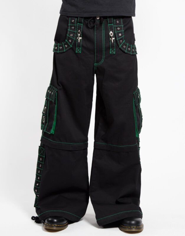 Men Gothic Bondage Pants | Baggy Convertible EMO Trousers with Chains & Green Stitching