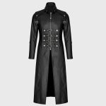 Men’s Long Black Gothic Coat | Imitation Leather Goth Jacket with Straps & Zipper