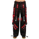 Men Gothic Cyberpunk Bondage Pants | Red & Black Tripp-Style Chains & Straps Trousers