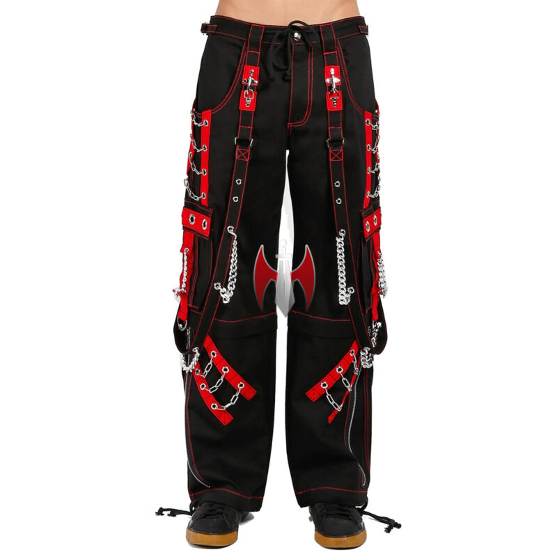 Men Gothic Cyberpunk Bondage Pants | Red & Black Tripp-Style Chains & Straps Trousers