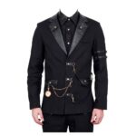 Men's Steampunk Gothic Military Jacket | Faux Leather Lapel Blazer with Chain Detail - Image 3