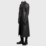 Men’s Long Black Gothic Coat | Imitation Leather Goth Jacket with Straps & Zipper - Image 2