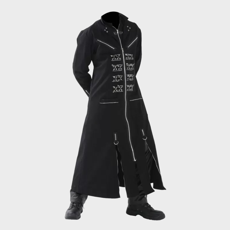 Metal Pins EMO Punk Long Coat | Mens Gothic Adjustable Buckle Zipper Coat