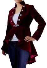 Victorian Burgundy Velvet Ruffle Coat | Gothic Red Frock Jacket - Image 2