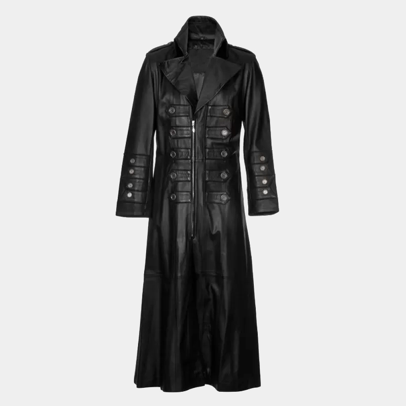 Men Gothic Steampunk Long Leather Coat | Men Genuine Leather Military Trench Coat with Brass Details