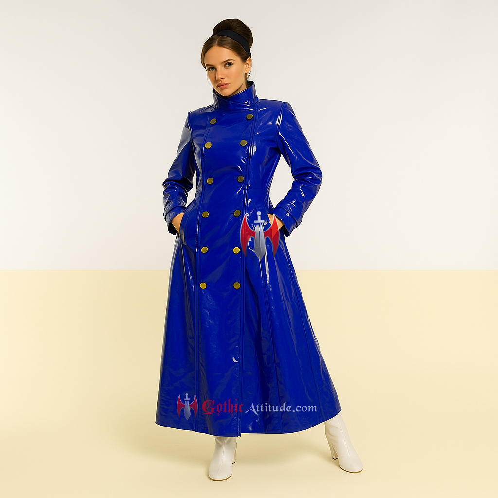 Women PVC Vinyl Long Coat | Blue PVC Raincoat Trench Coat