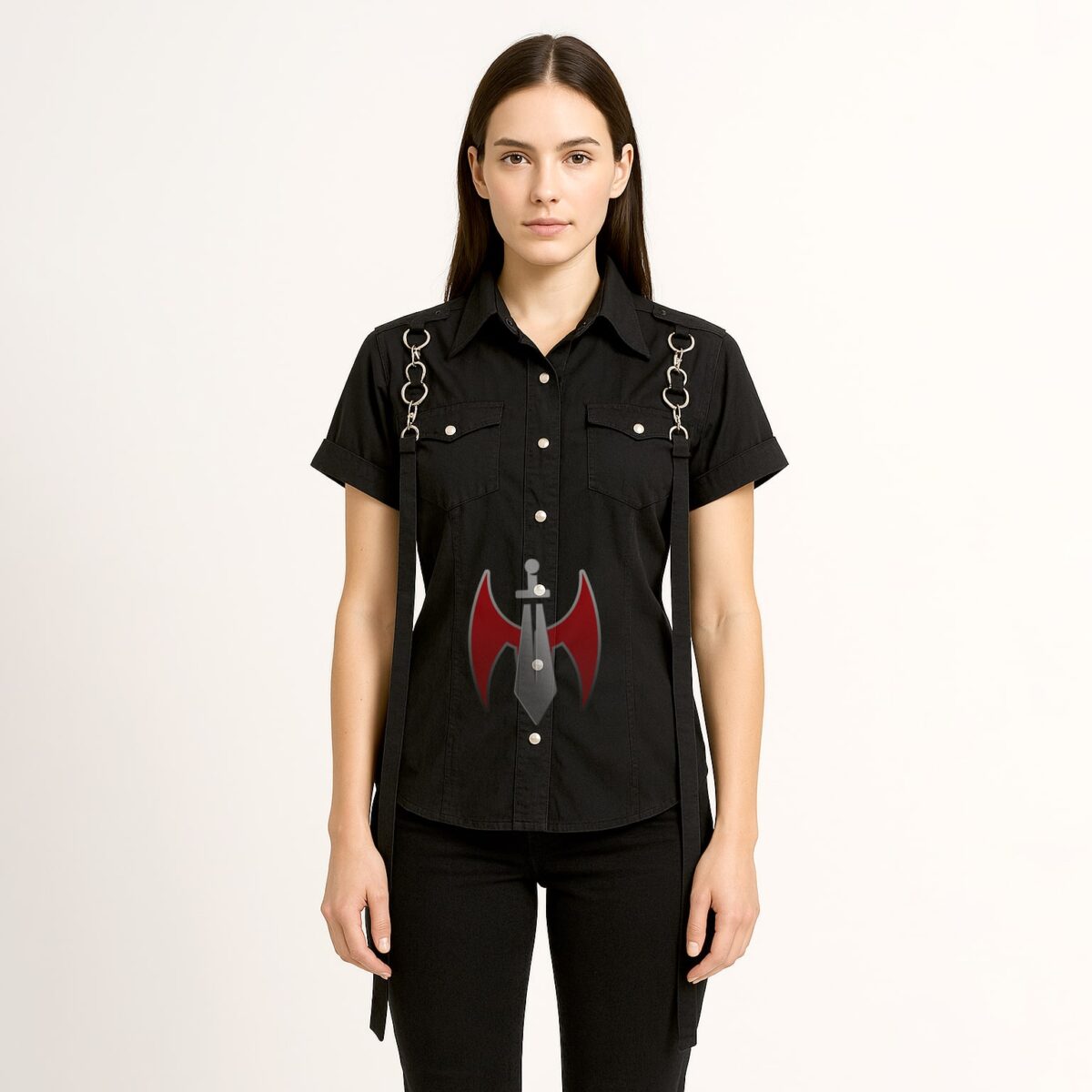 Women’s Gothic Black Shirt with Metal Ring Strap Detailing