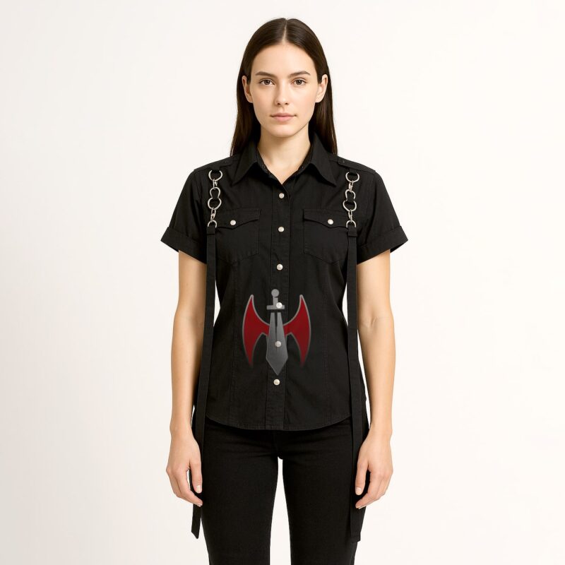 Women’s Gothic Black Shirt with Metal Ring Strap Detailing