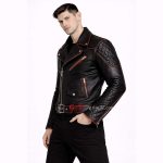 Men Black Leather Jacket with Red Piping