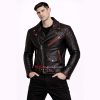 Men Black Leather Jacket with Red Piping