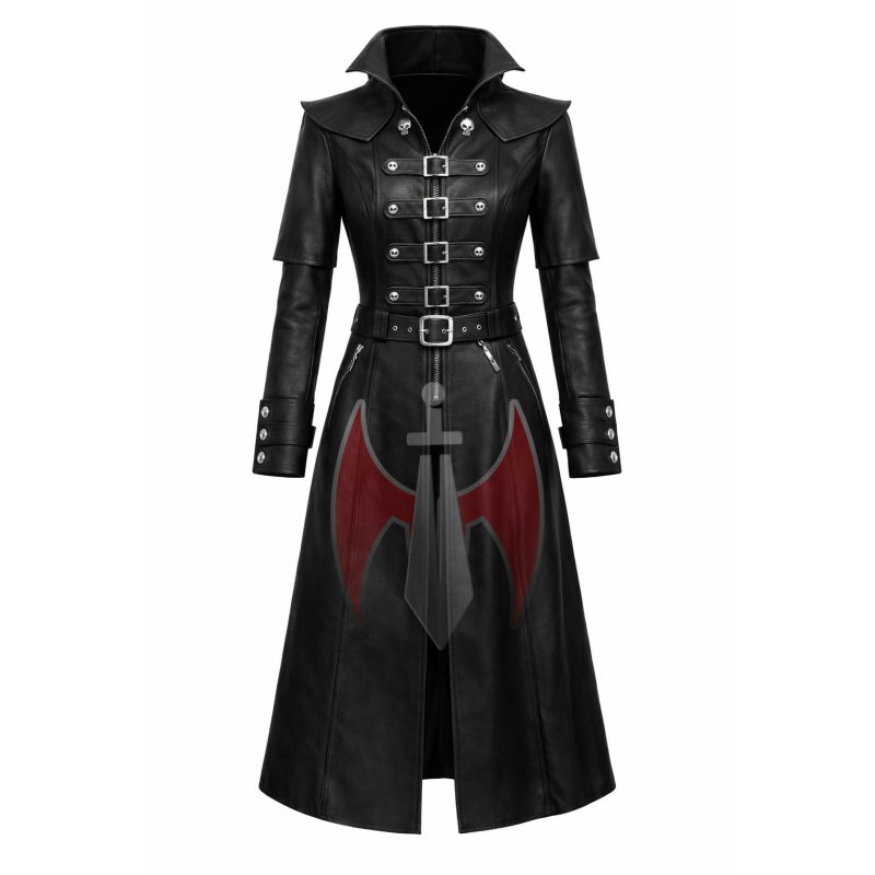 Women Gothic Black Leather Trench Coat