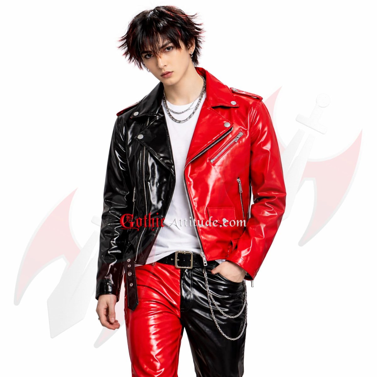 black red leather Jacket, gothic biker Jacket, Split Leather Outfit, PVC Outfit, punk outfit pants, PVC Biker Jacket