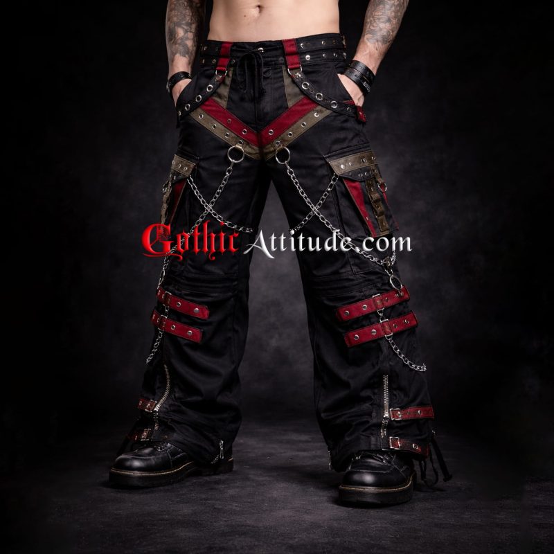 Men Black Red Gothic Cargo Pants | Chains & Straps Streetwear