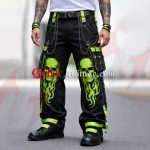 neon green gothic pants, skull flame pants, gothic cargo pants men, cyberpunk trousers, punk chain pants, black streetwear pants, alternative fashion pants, gothic outfit men, skull design pants, techwear cargo pants