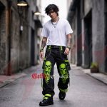 neon green gothic pants, skull flame pants, gothic cargo pants men, cyberpunk trousers, punk chain pants, black streetwear pants, alternative fashion pants, gothic outfit men, skull design pants, techwear cargo pants