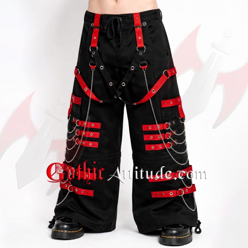 Men Black & Red Gothic Cargo Pants with Straps