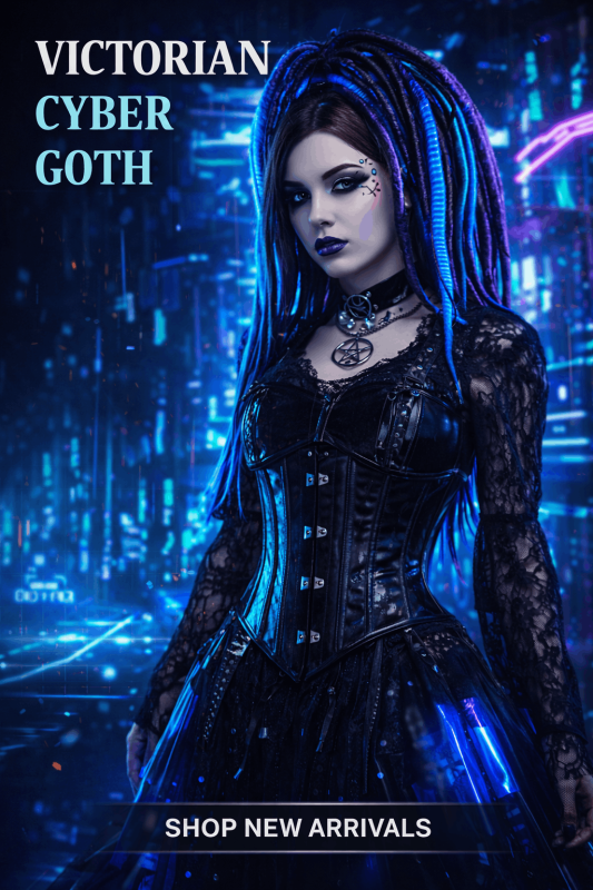 Victorian cyber goth in neon urban world