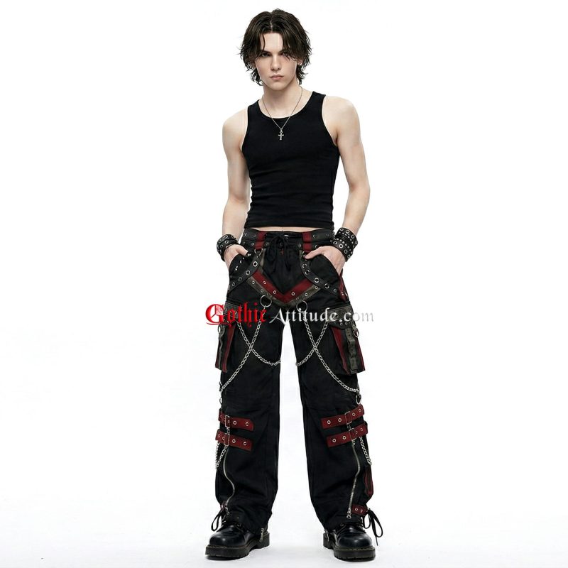 Men Black Red Gothic Cargo Pants | Chains & Straps Streetwear