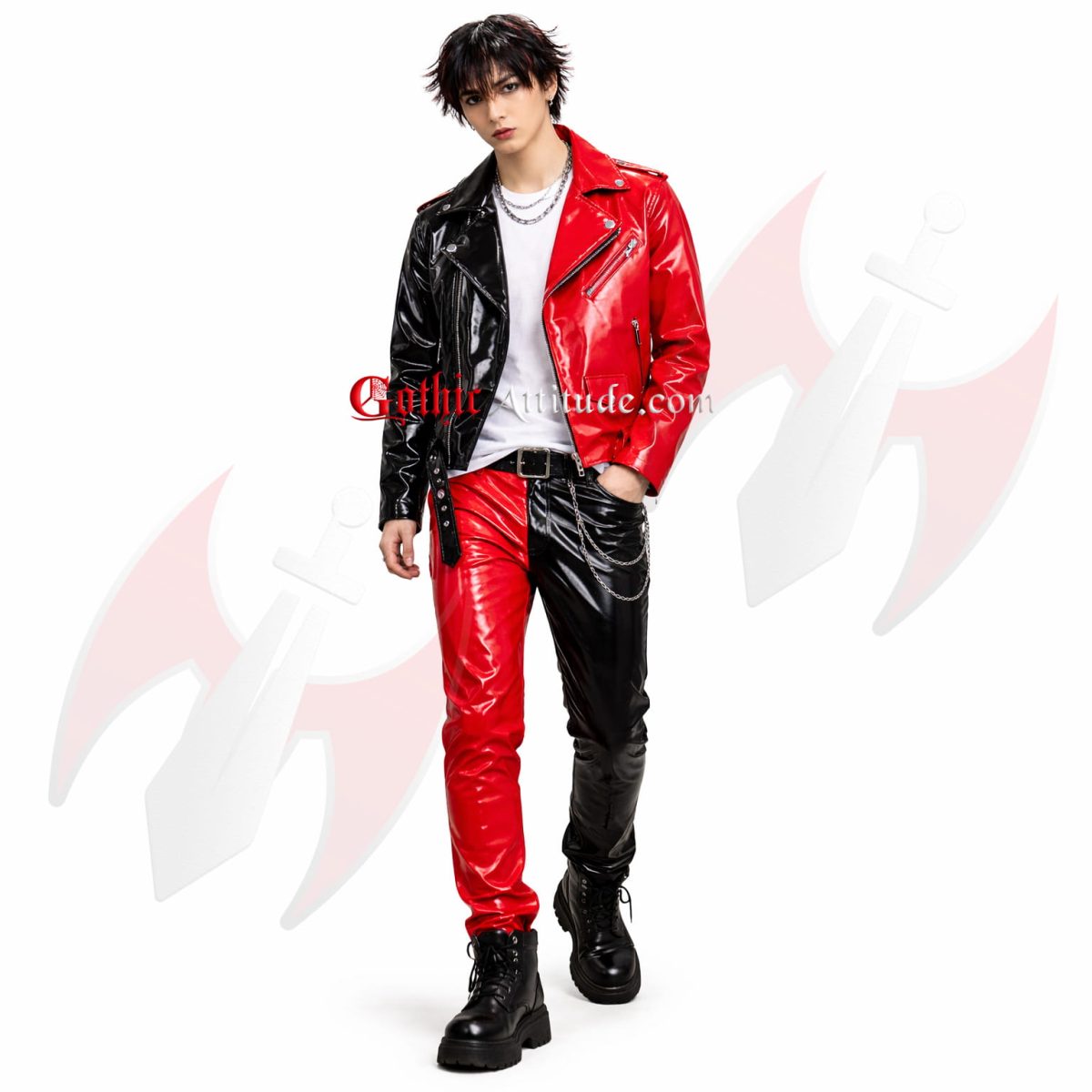 black red leather Jacket, gothic biker Jacket, Split Leather Outfit, PVC Outfit, punk outfit pants, PVC Biker Jacket