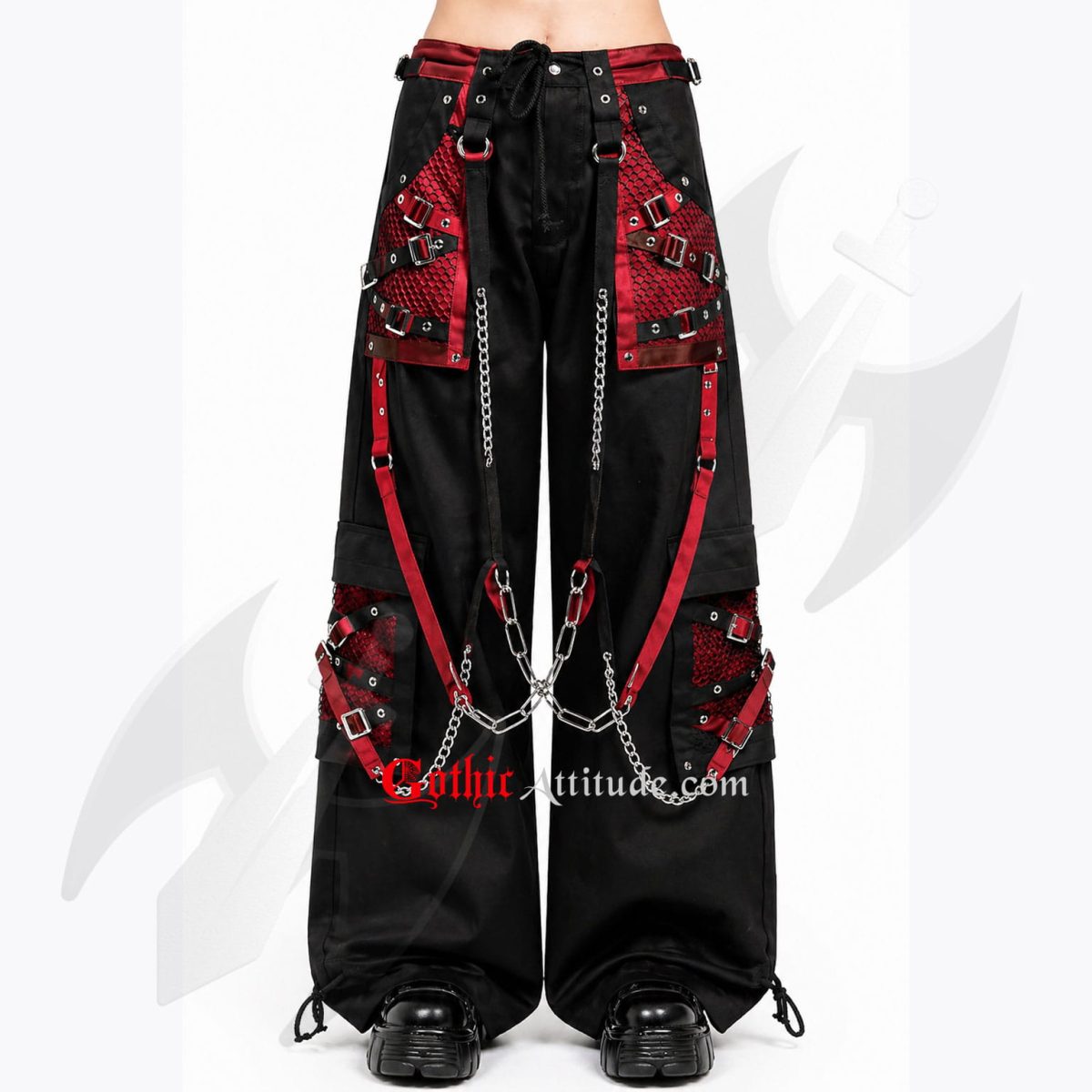 Unisex Gothic Pant Red & Black Chain Strap Wide Leg Pants