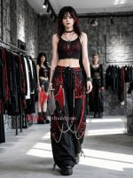 Unisex Gothic Pant Red & Black Chain Strap Wide Leg Pants