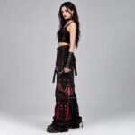 Unsex Black & Red Gothic Cargo Pants | Punk Cyber Goth Strap Chain Trousers - Image 2