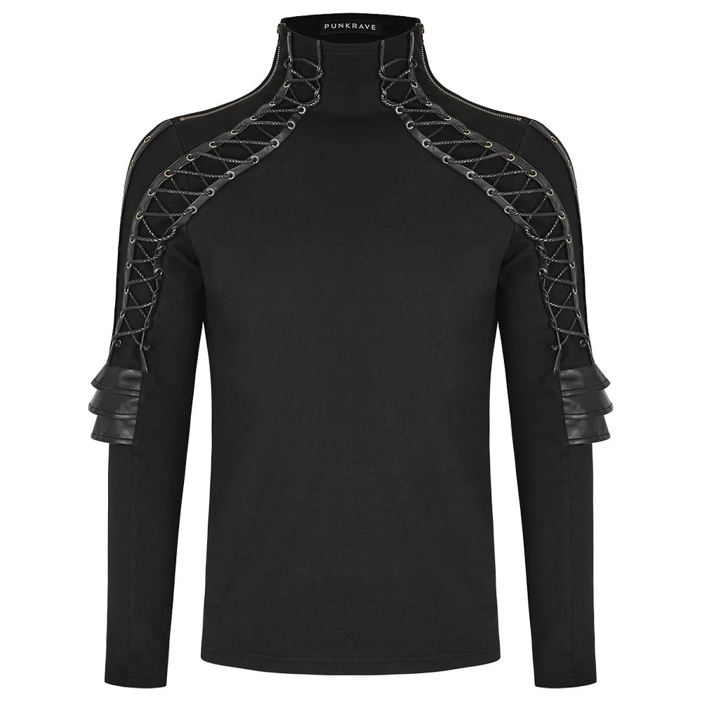 Axiom Armour Gothic Shirts Mens Dieselpunk Steampunk Long Sleeve Top with Faux Leather Panels