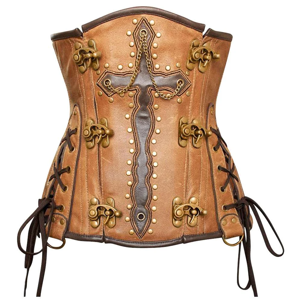 Women’s Steampunk Underbust Leather Gothic Corset – Adjustable & Steel-Boned