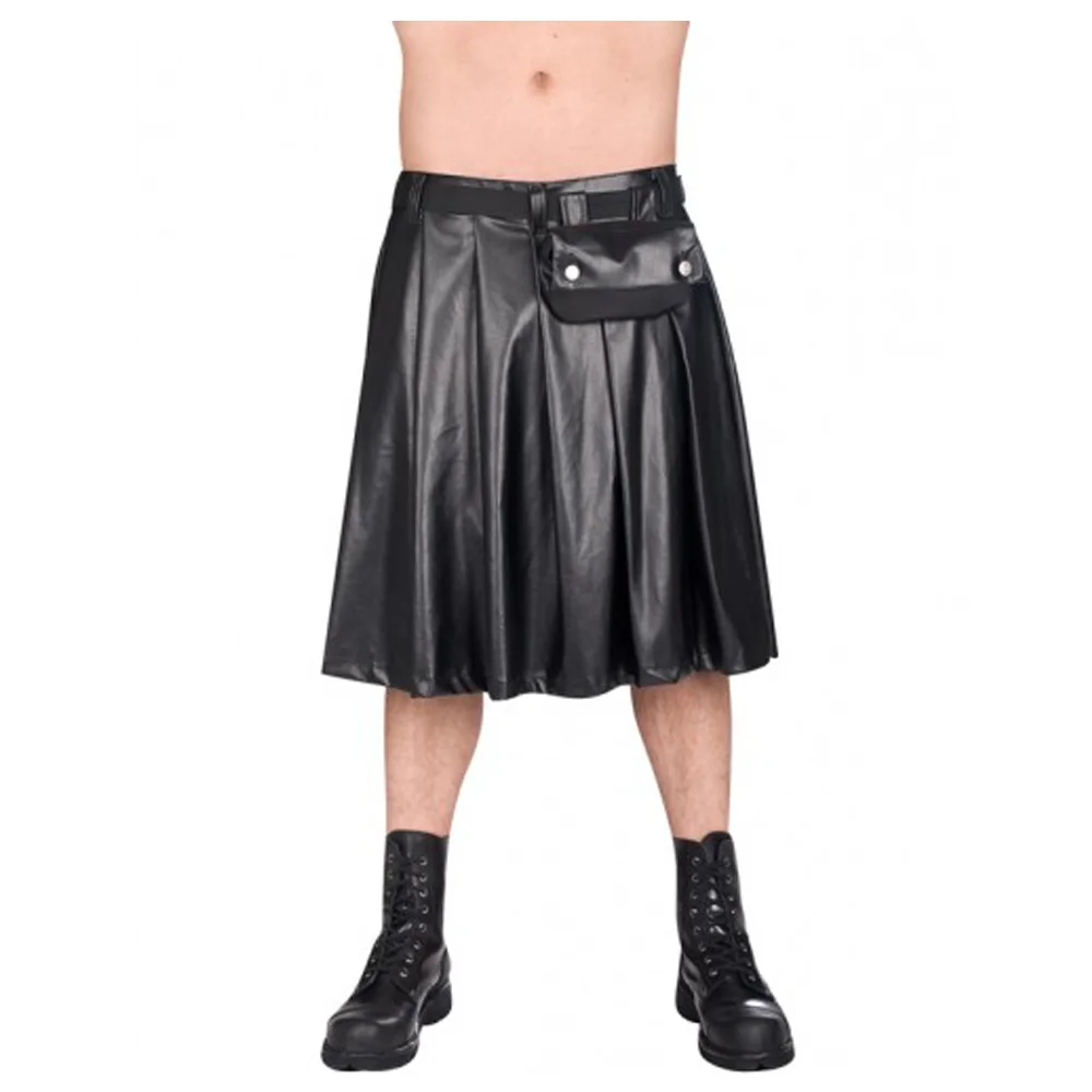 Men Pistol Short Black Sky Kilt | Gothic Faux Leather Alternative Skirt