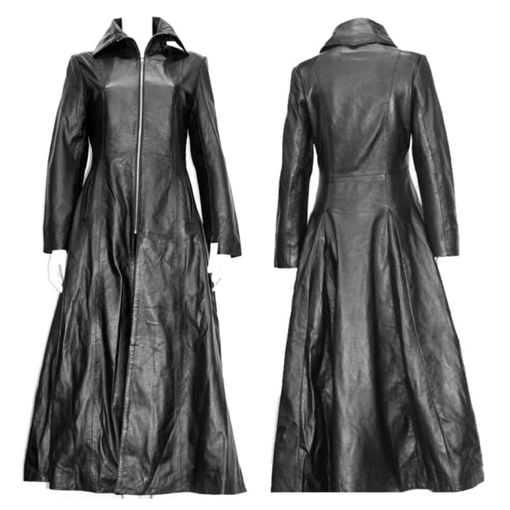Women Full Length Midnight Black Leather Club Coat Nappa Goth Long