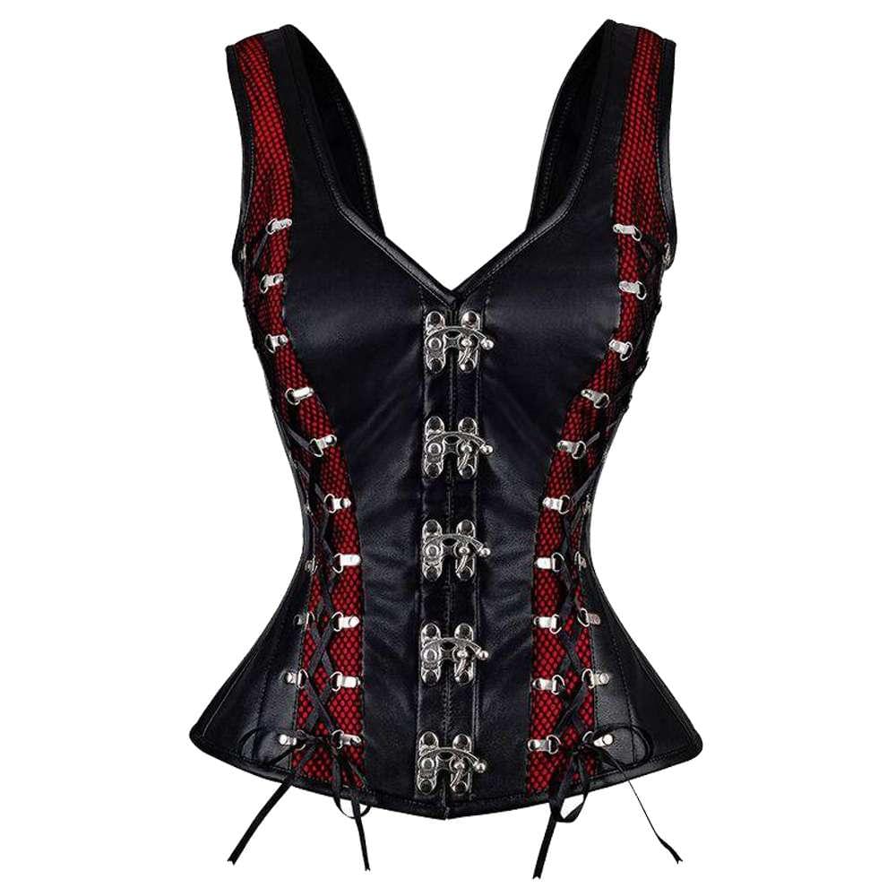 Women Gothic Overbust PU Leather Mesh Corset - Image 2