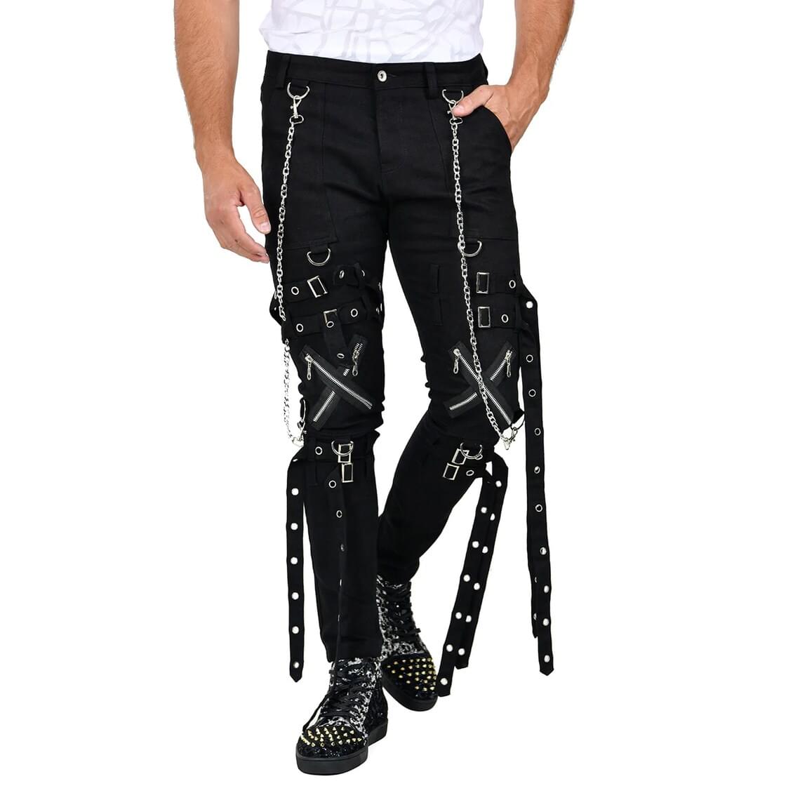 Men Gothic Black Crosszip Pants with Chain & Buckle Straps