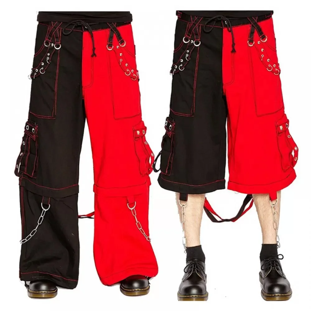 Men Gothic Punk Baggy Pants | Convertible Cargo Trousers with Chains & Zip-Off Legs
