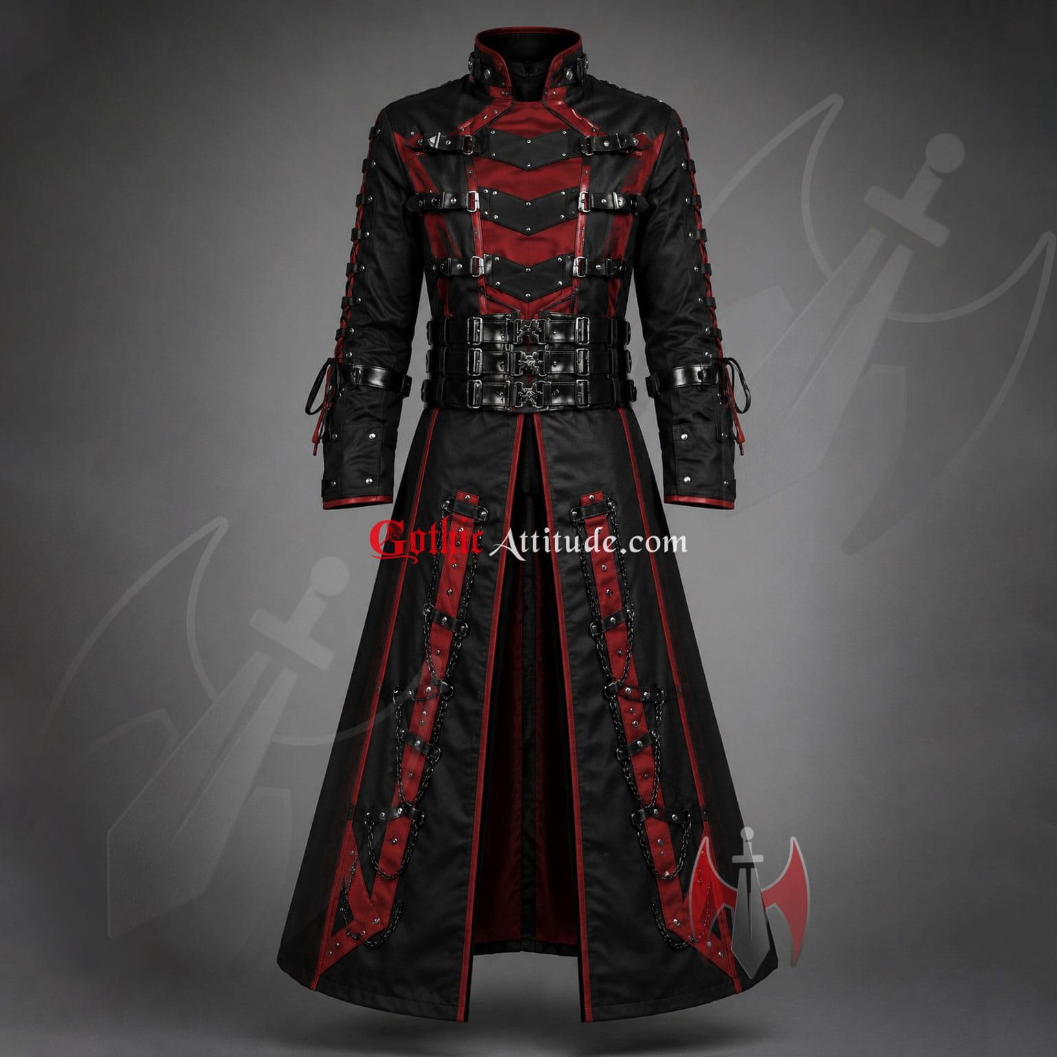 men-gothic-hellraiser-coat-red-black-buckle-trench-coat Men Gothic Hellraiser Coat Red Black Buckle Trench Coat