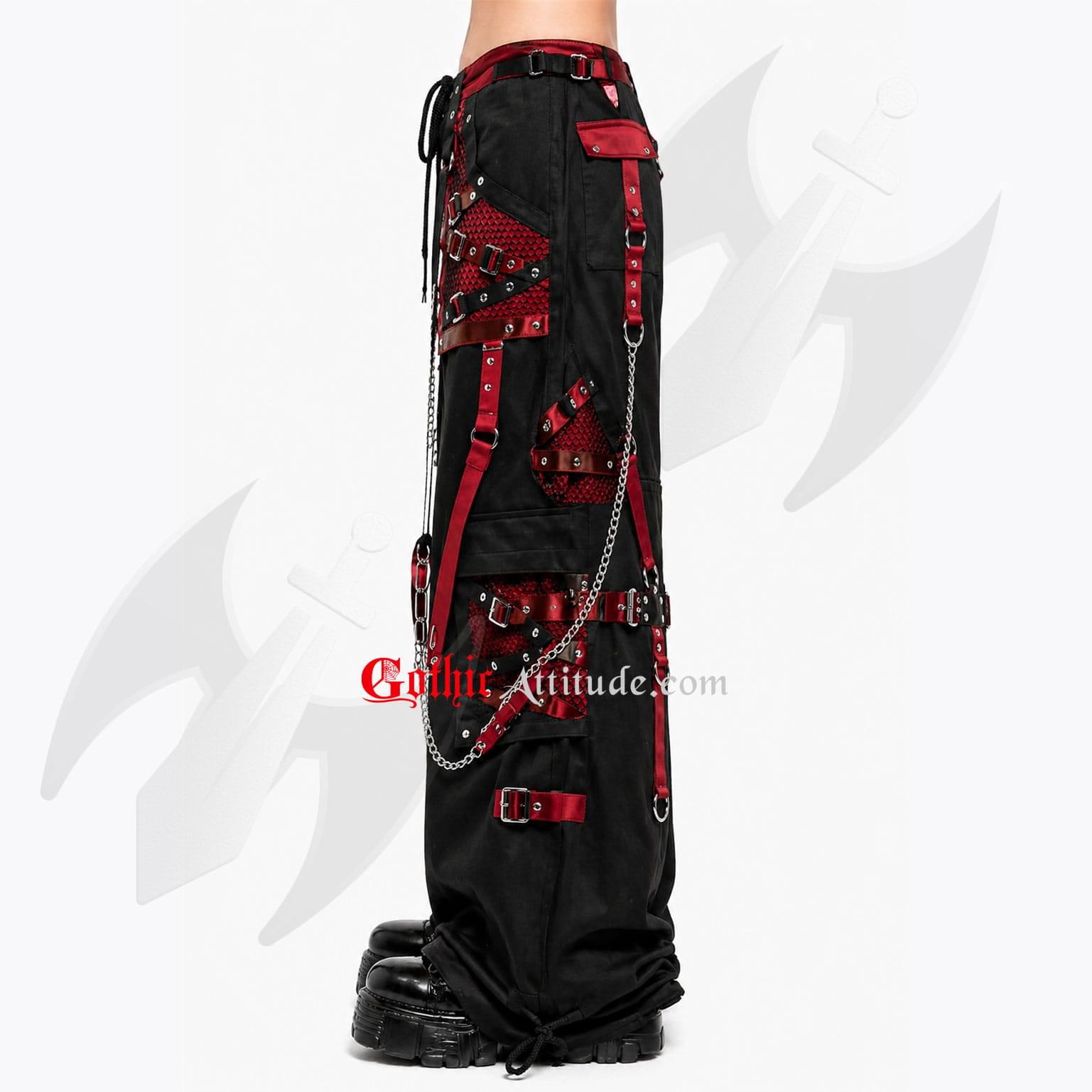 Unisex Gothic Pant Red & Black Chain Strap Wide Leg Pants