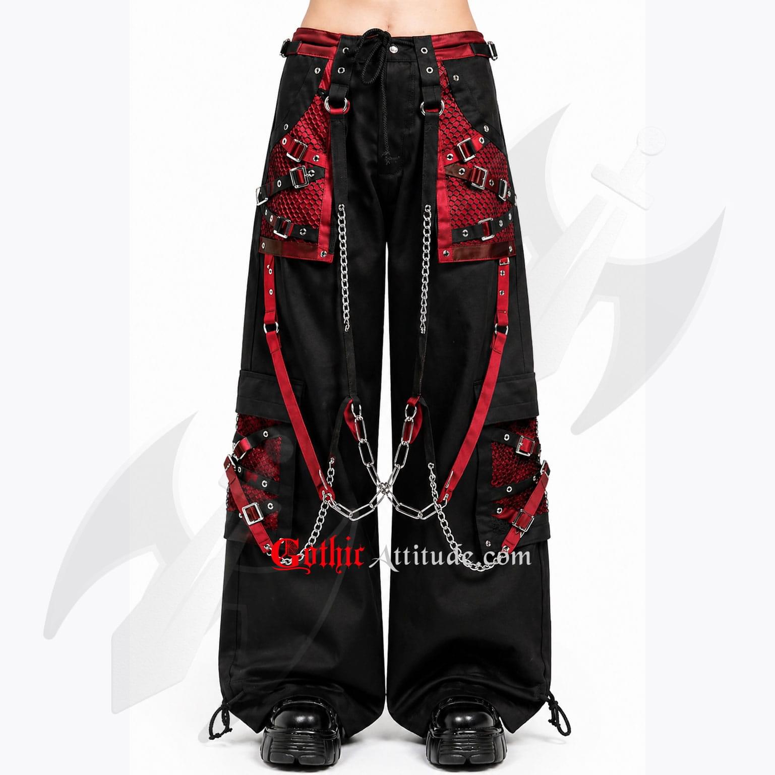 Unisex Gothic Pant Red & Black Chain Strap Wide Leg Pants