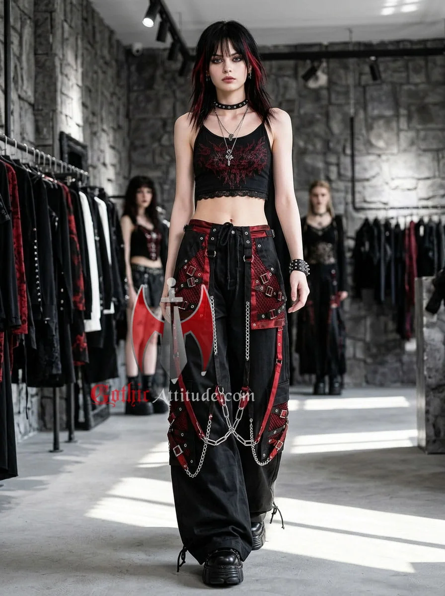 Unisex Gothic Pant Red & Black Chain Strap Wide Leg Pants