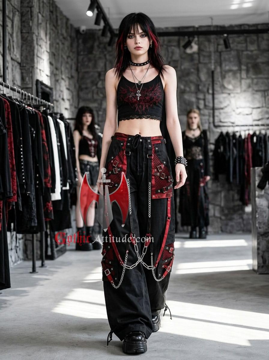 Unisex Gothic Pants Unisex Gothic Pant Red & Black Chain Strap Wide Leg Pants