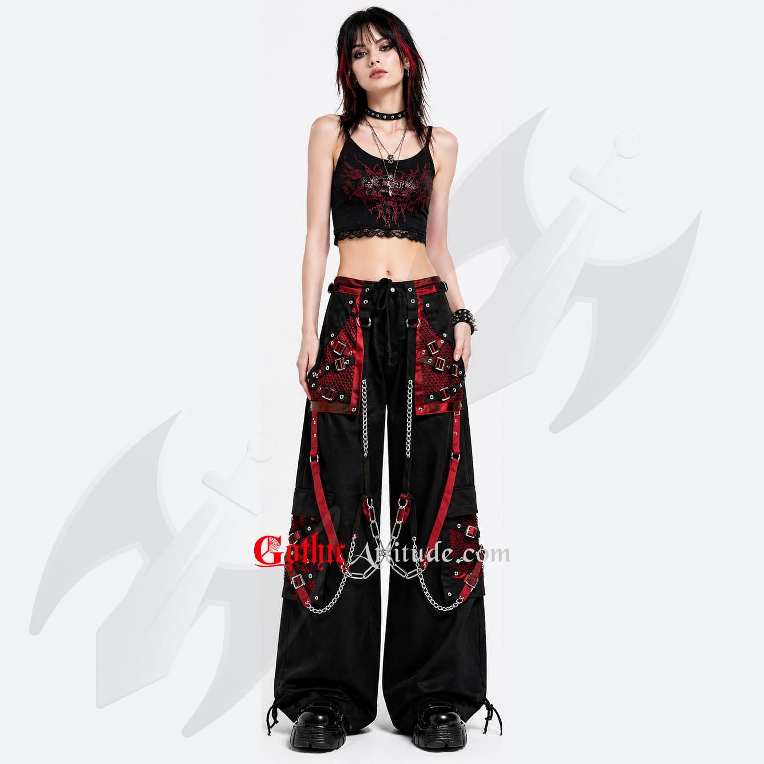 Unisex Gothic Pant Red & Black Chain Strap Wide Leg Pants