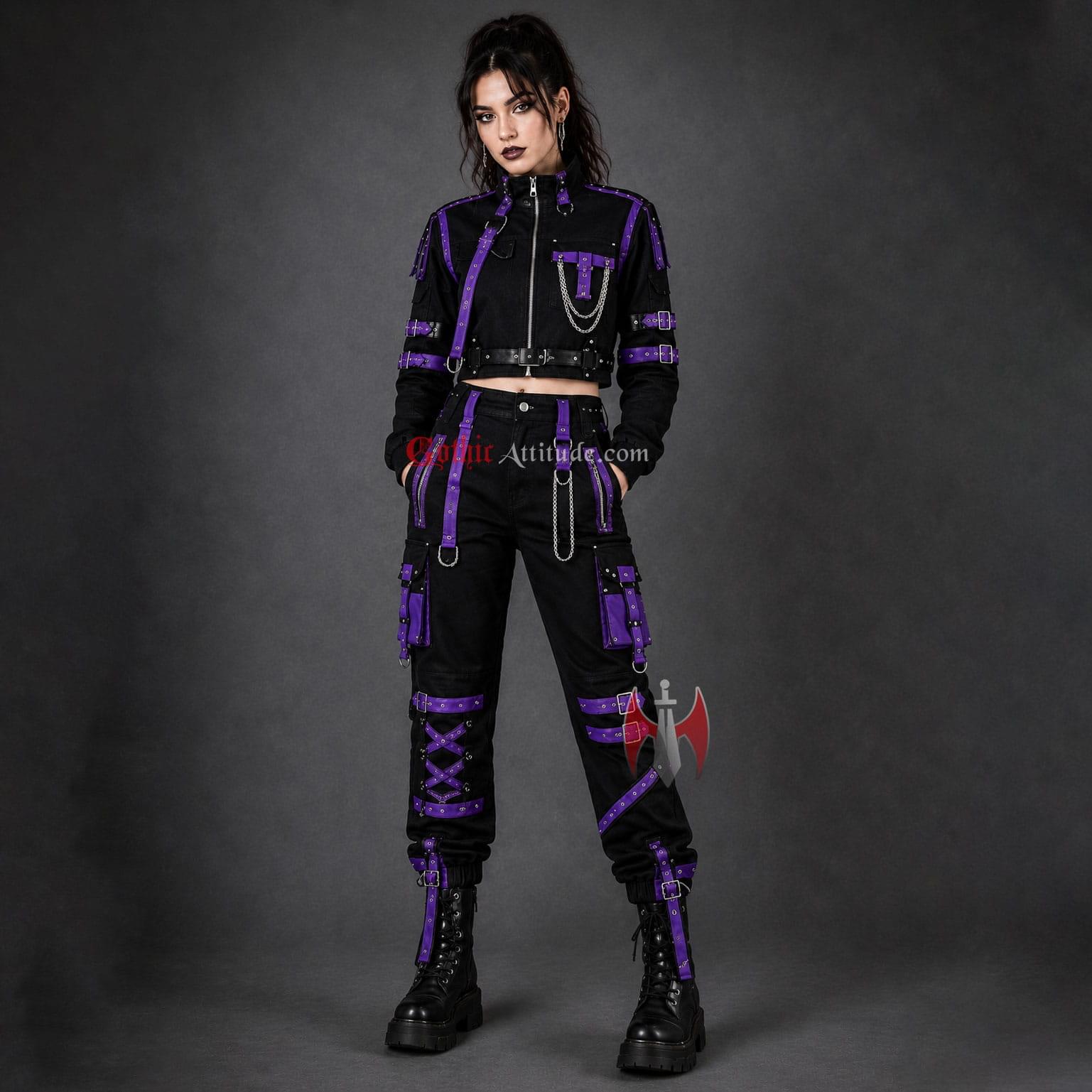 Unisex Black & Purple Gothic Techwear Cargo Set | Gothic Attitude Unisex Black & Purple Gothic Techwear Cargo Set | Gothic Attitude