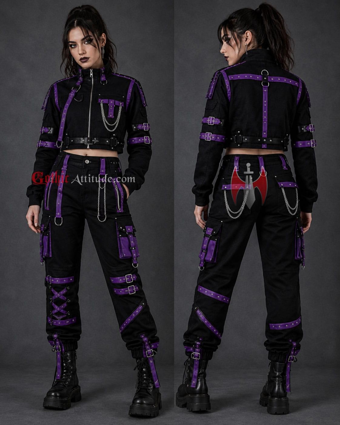 Unisex Black and Purple Gothic Techwear Cargo Set | Gothic Attitude