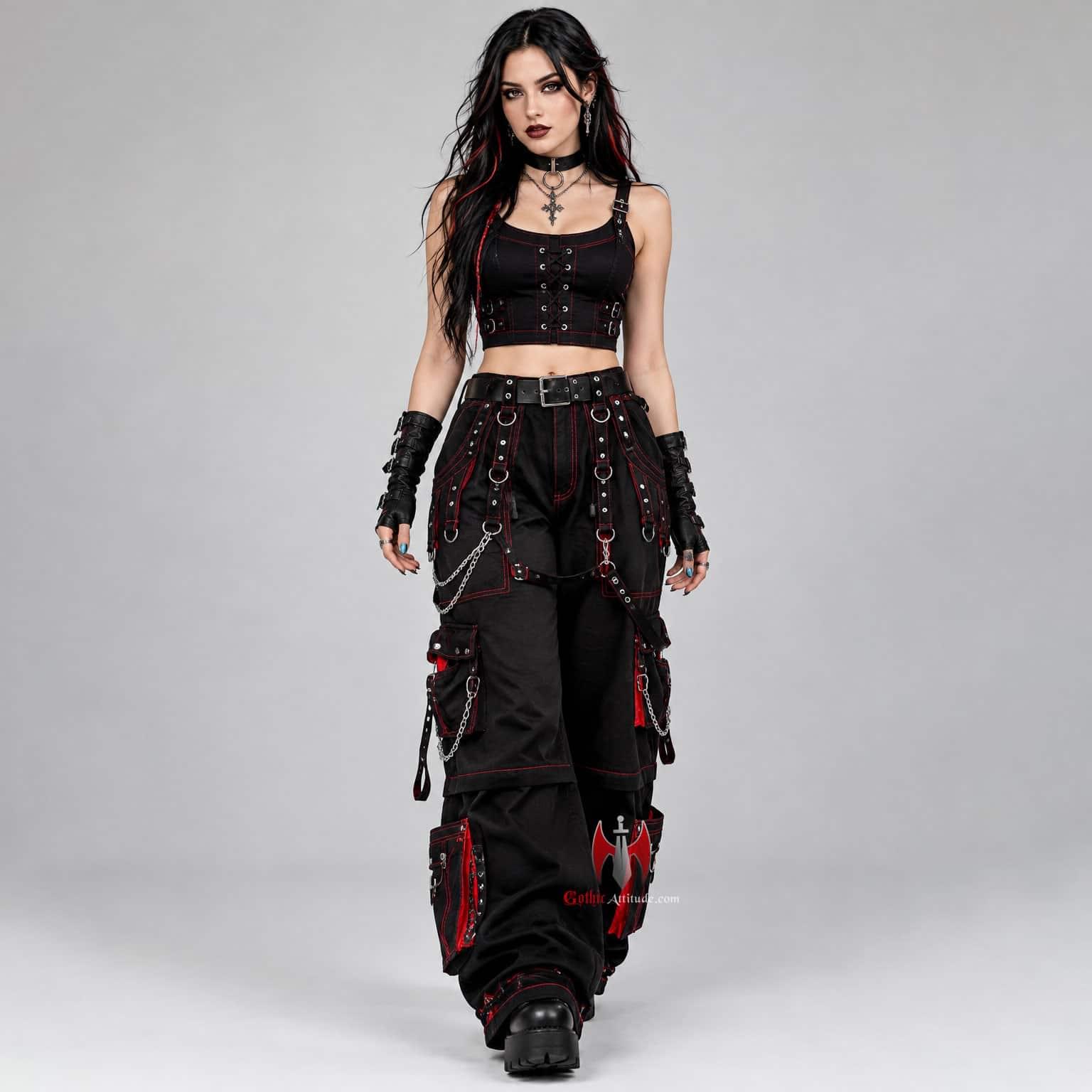 Black-Red-Gothic-Cargo-Pants Unisex Black & Red Gothic Cargo Pants