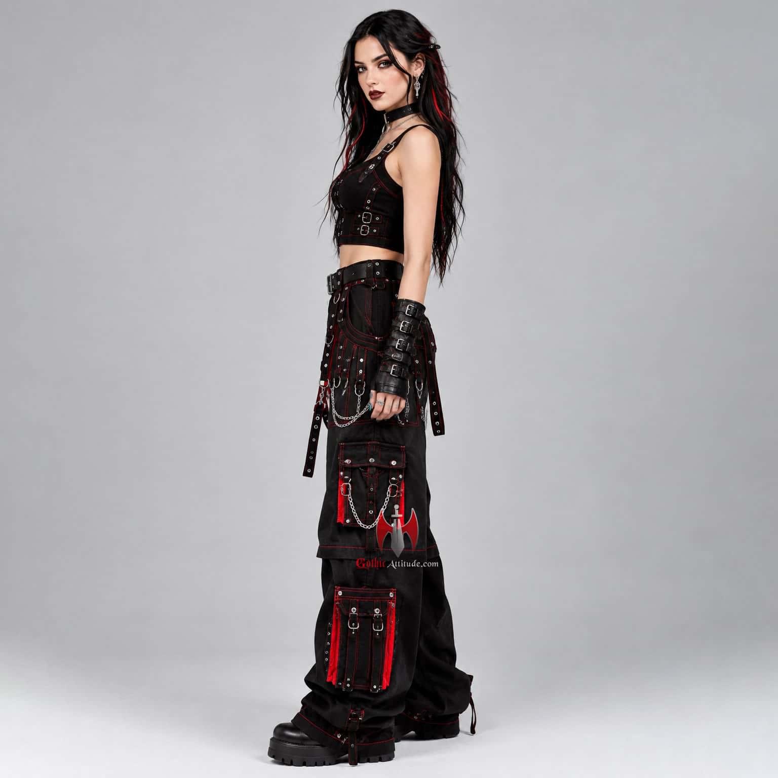 Unsex Black & Red Gothic Cargo Pants | Punk Cyber Goth Strap Chain Trousers - Image 2